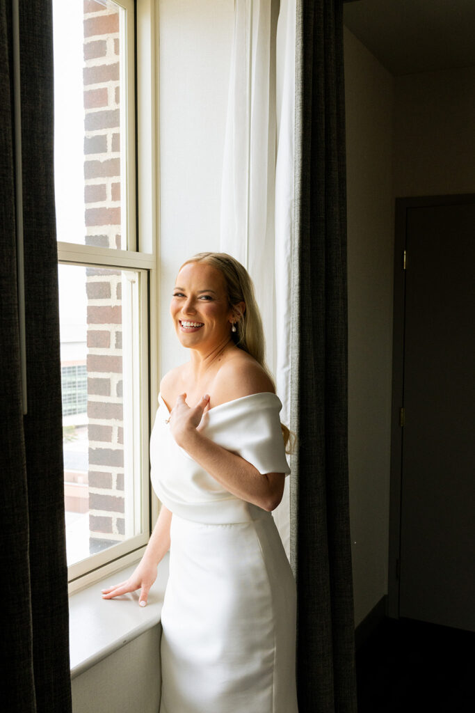 cute portrait of the bride before the ceremony - catholic st. louis wedding