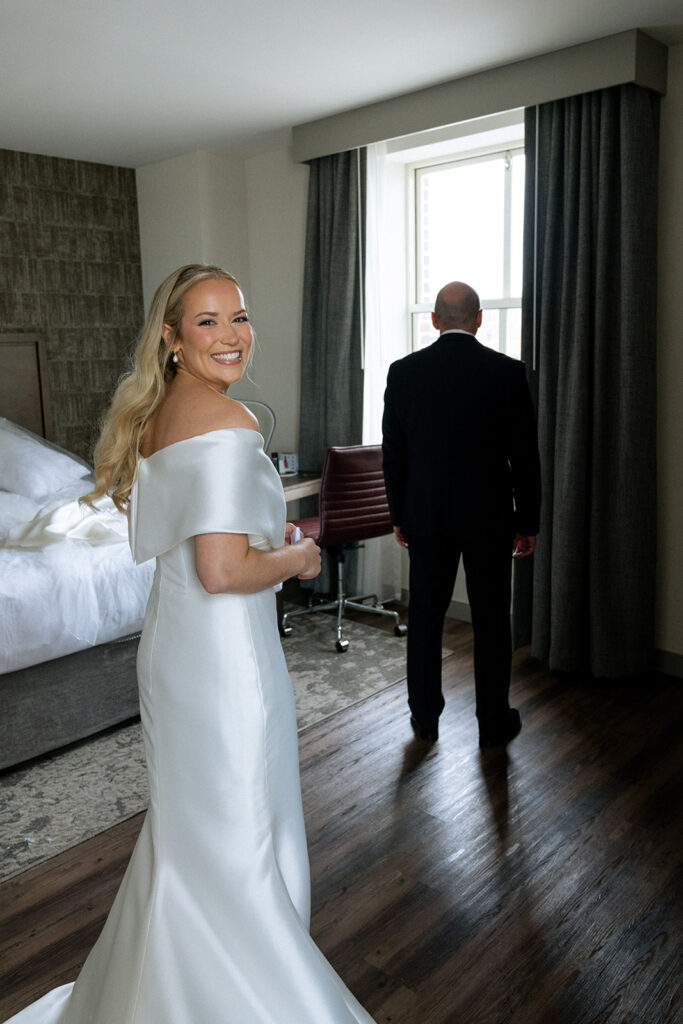 first look of the bride and her dad