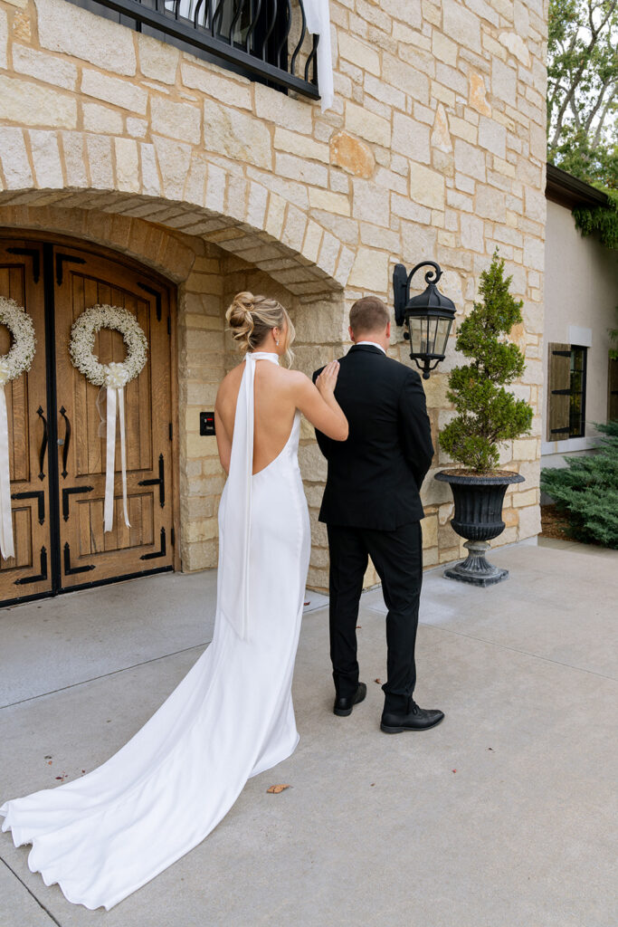 cute picture of the bride and groom at their first look