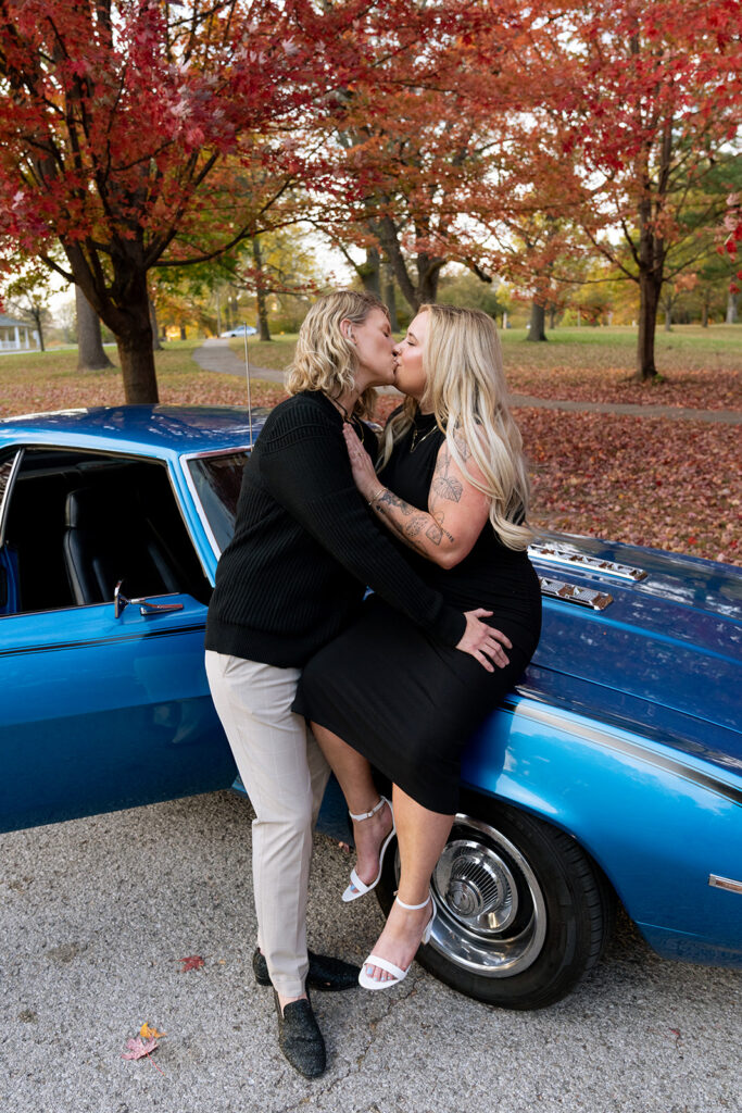 cute couple kissing during their st. louis engagement photoshoot