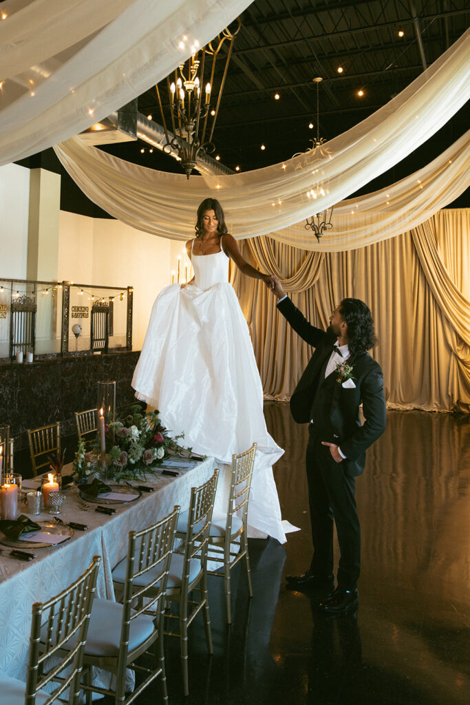 portrait of the bride and groom at their receptions