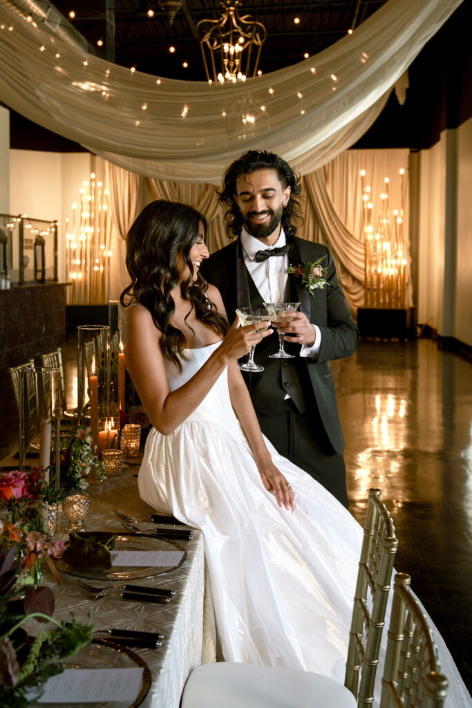 newlyweds celebrating with champagne