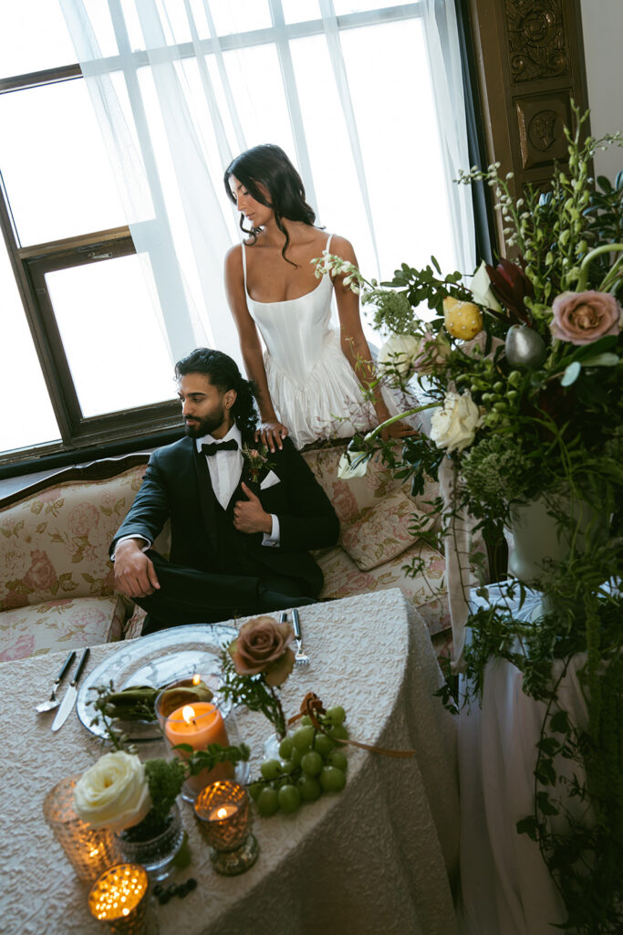 cute couple at their dream reception during their bridal portraits 