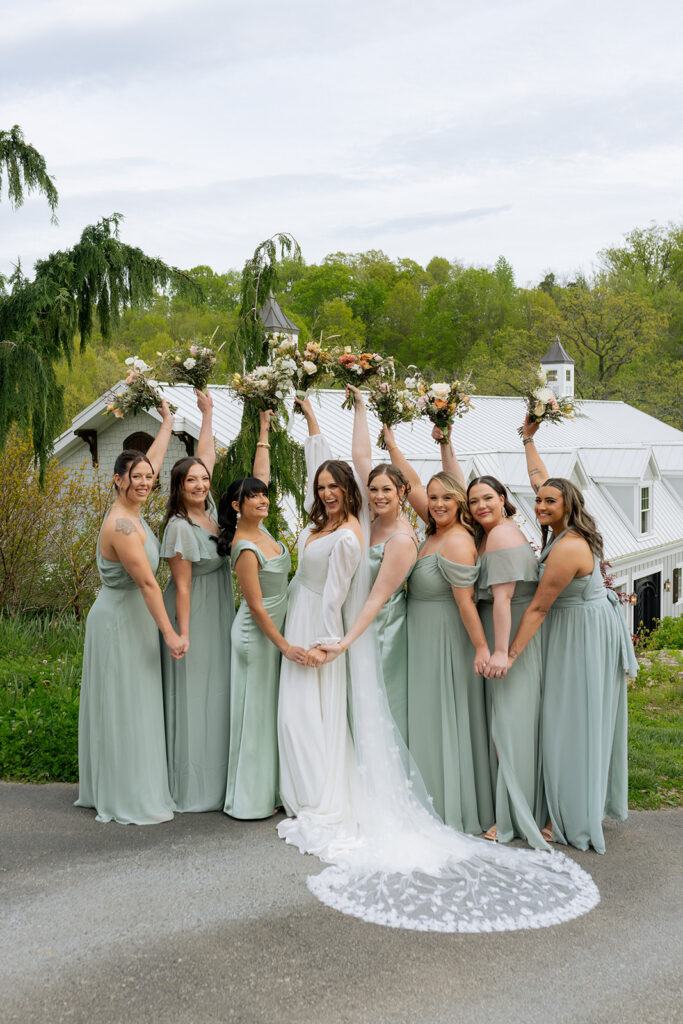 bride and her bridesmaids before heading to the ceremony