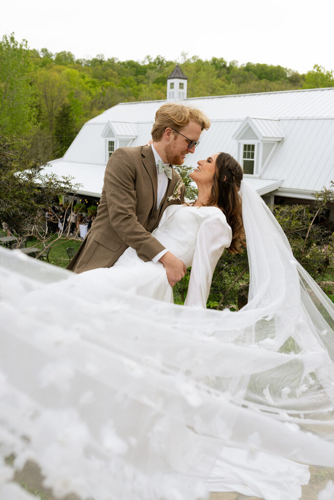 romantic picture of the bride and groom looking at each other