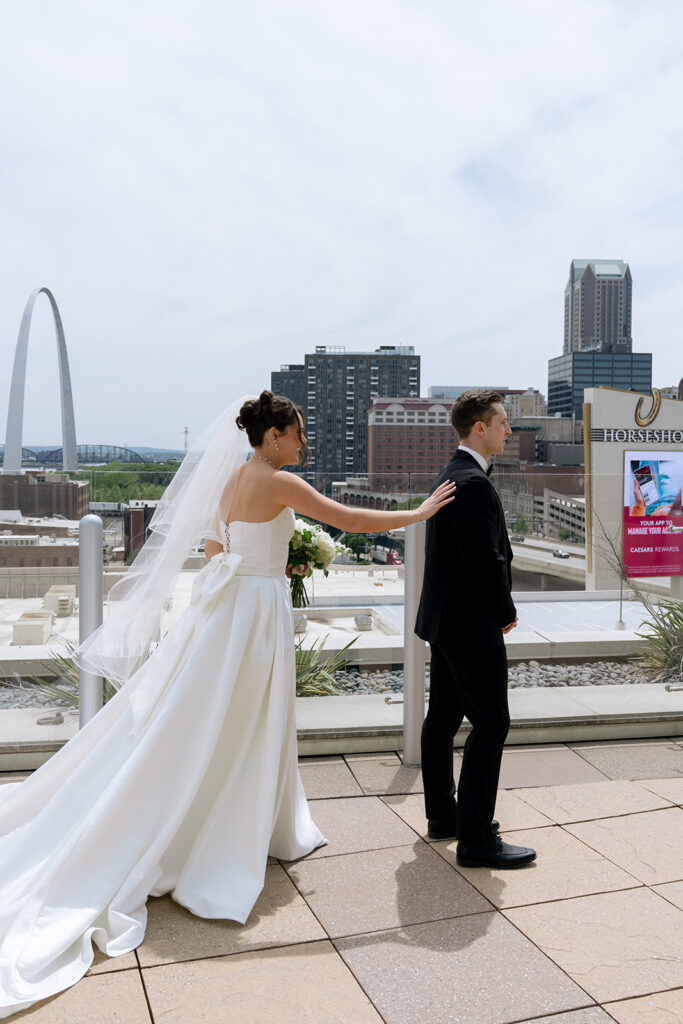 bride and groom at their first look