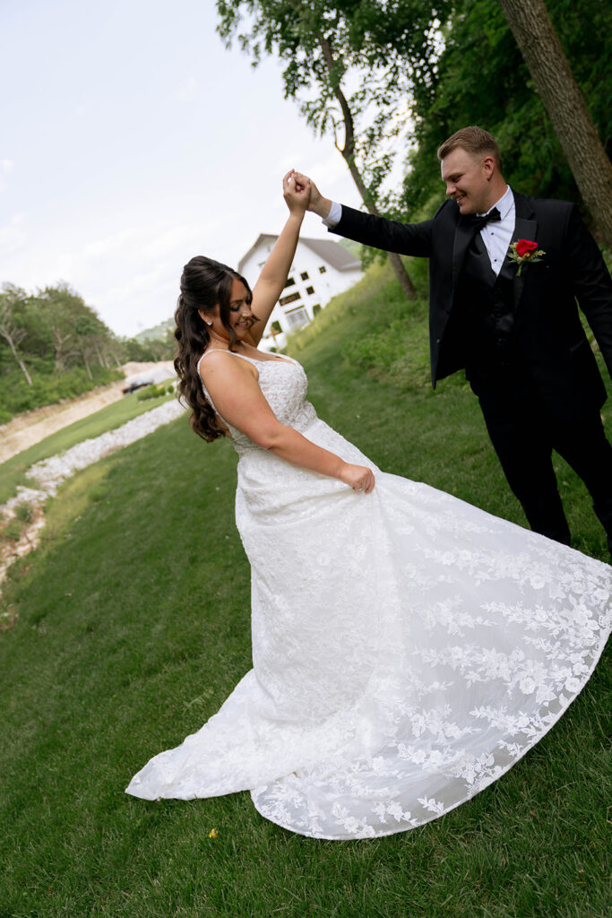 bride and groom dancing during their bridal session