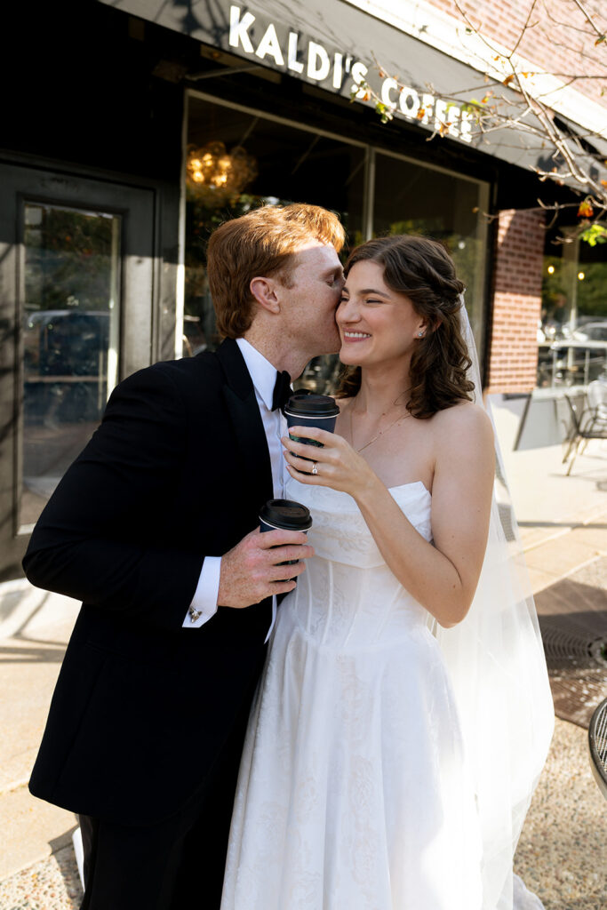 cute picture of the groom kissing the bride on the cheek