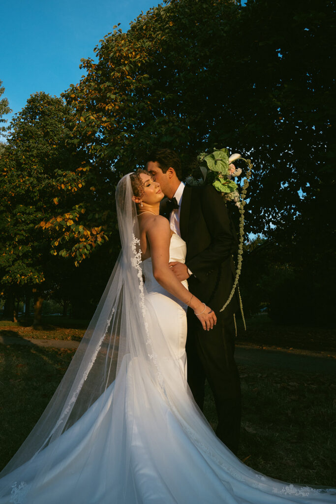 Groom, kissing the bride on the cheek