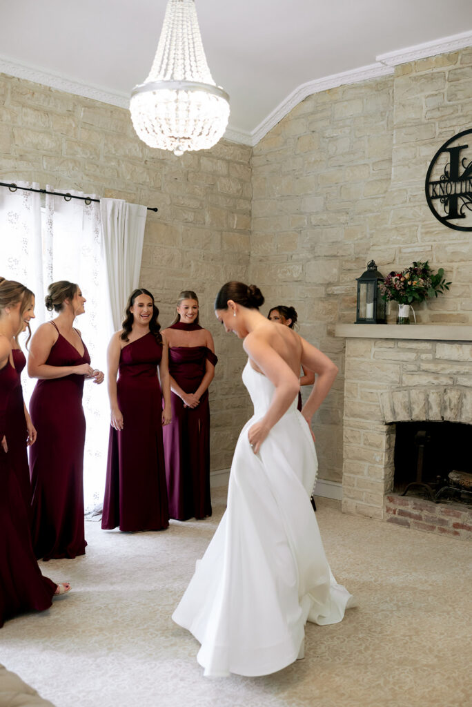 first look of the bride and her bridesmaids
