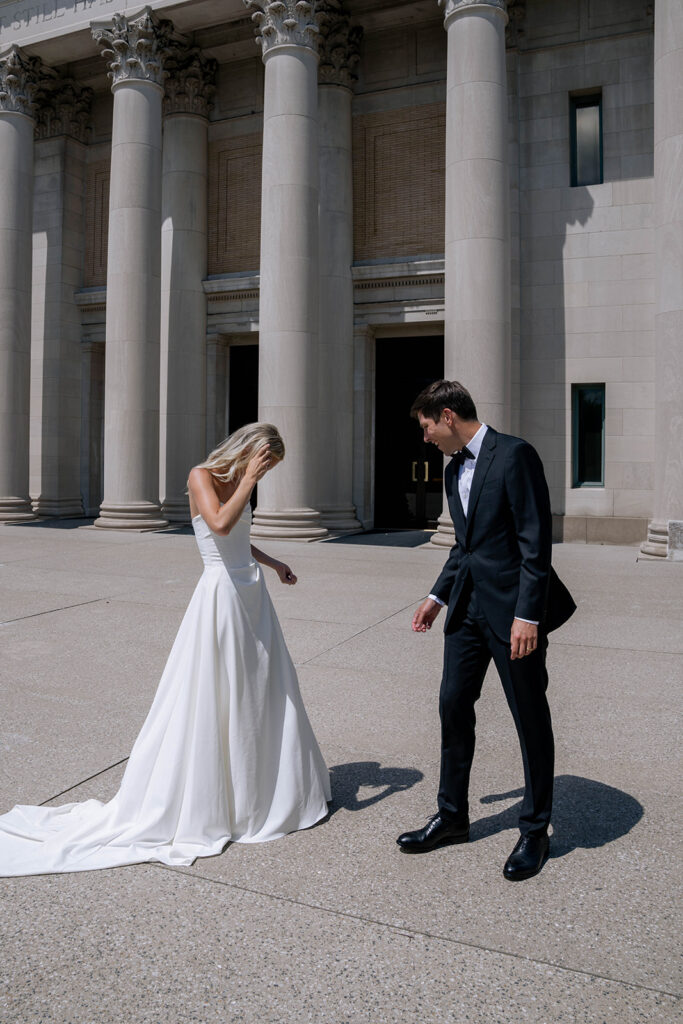 bride and groom emotional during their first look