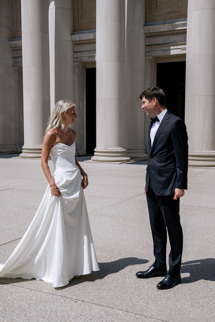 cute picture of the bride and groom at their first look