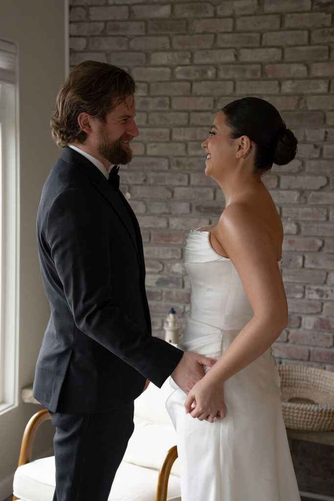 Bride and groom emotional during their first look