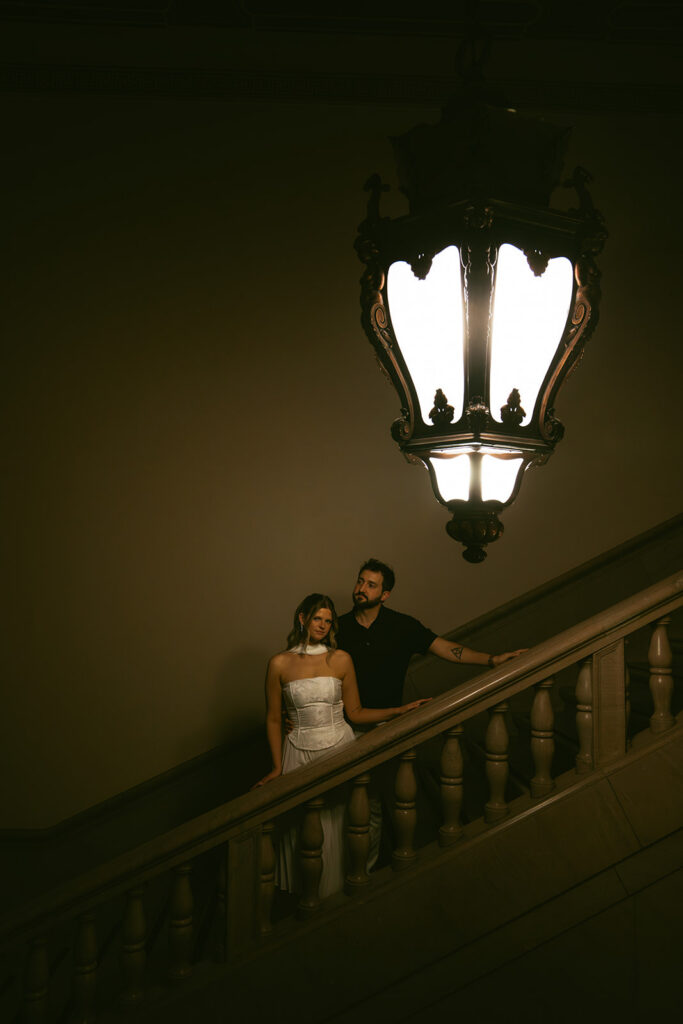 cute picture of the newly engaged couple smiling at each other