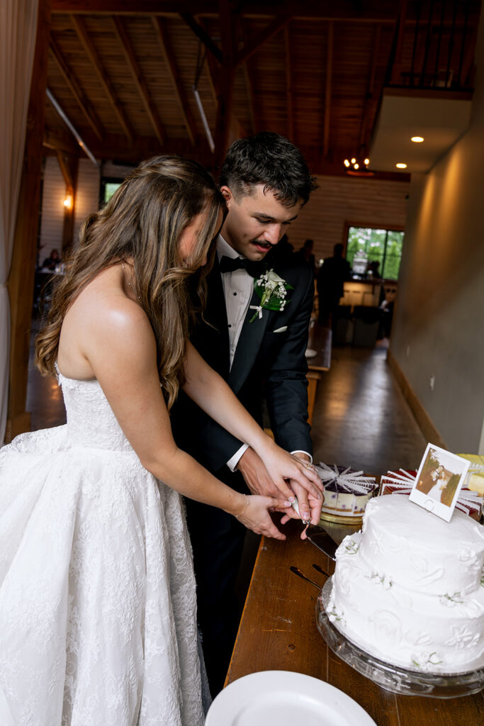 cute picture of the newlyweds cutting their wedding cake