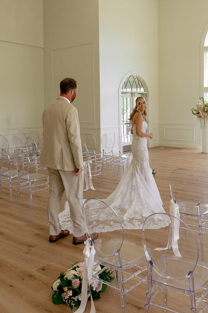 bride and groom at their first look